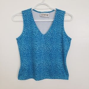 Vintage Two Roads Fitted V-Neck Animal Print Club Top 2000s Y2K, Med, Neon Blue